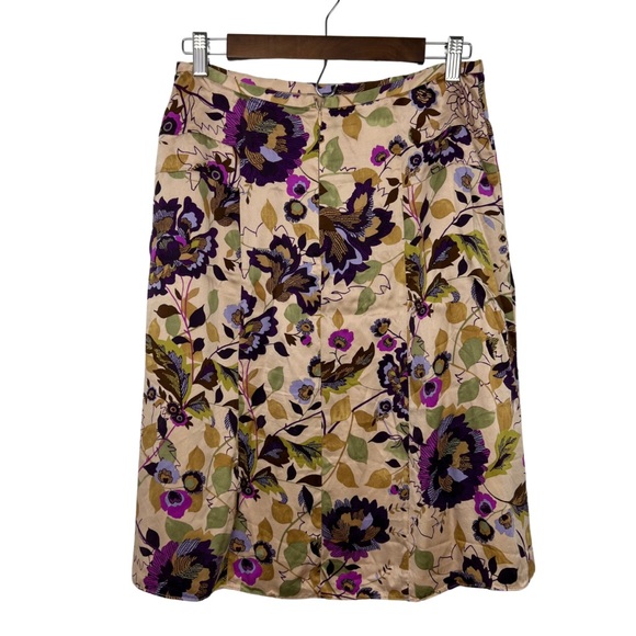 i.e. Beige & Purple Floral Y2K 100% Silk Knee-Length A-Line Skirt Size 6 - Picture 6 of 7